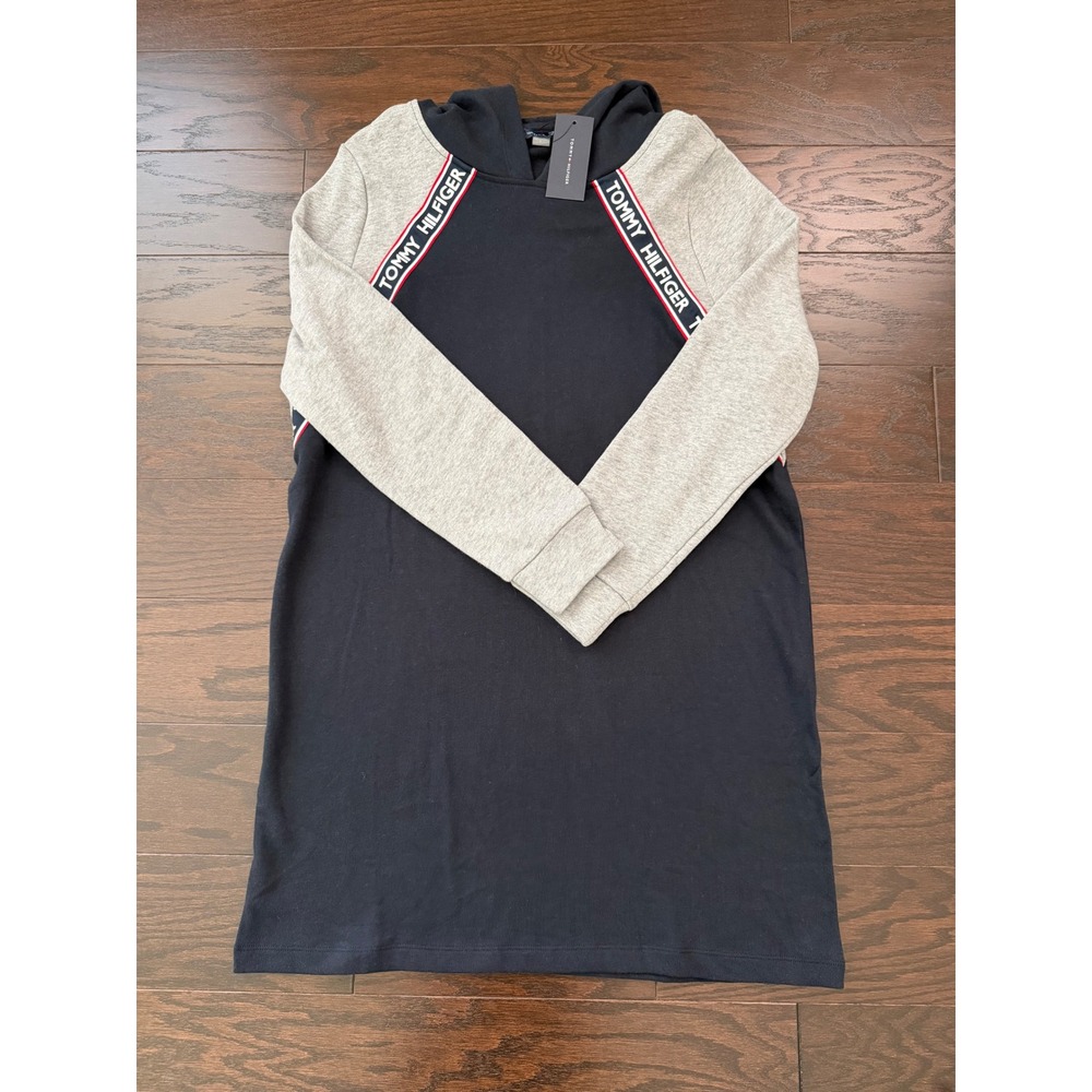 Tommy Hilfiger Womens Hooded Sweatshirt Dress Navy Grey Logo Tape Large NEW